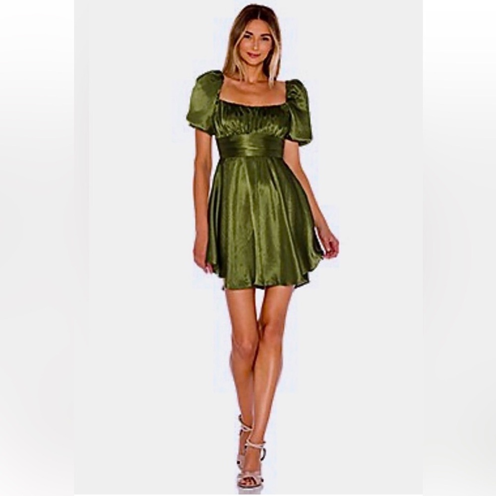 Revolve Majorelle Elegant Satin Tiana Fit & Flair Puff Sleeve Mini Dress